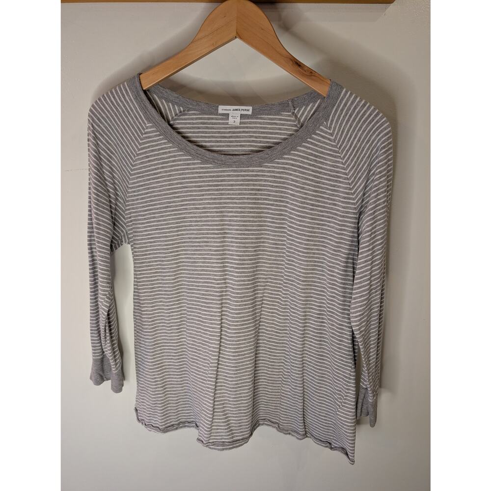 James Perse Standard Gray White Stripe Raglan Tee 100% Cotton Size 3 (L)